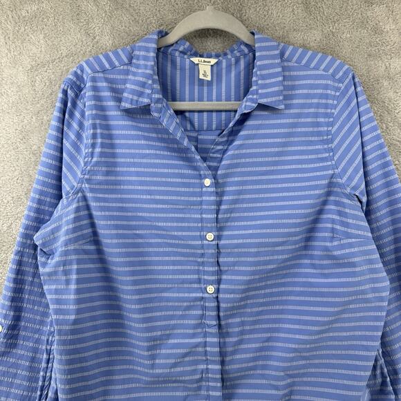 LL Bean Top Womens XL Blue Striped Button Up Notch Neck Roll Tab Sleeves Tunic - Picture 4 of 16
